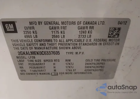 2012 GMC Terrain Sle-1 from USA, damaged, VIN 2GKALMEK0C6337605